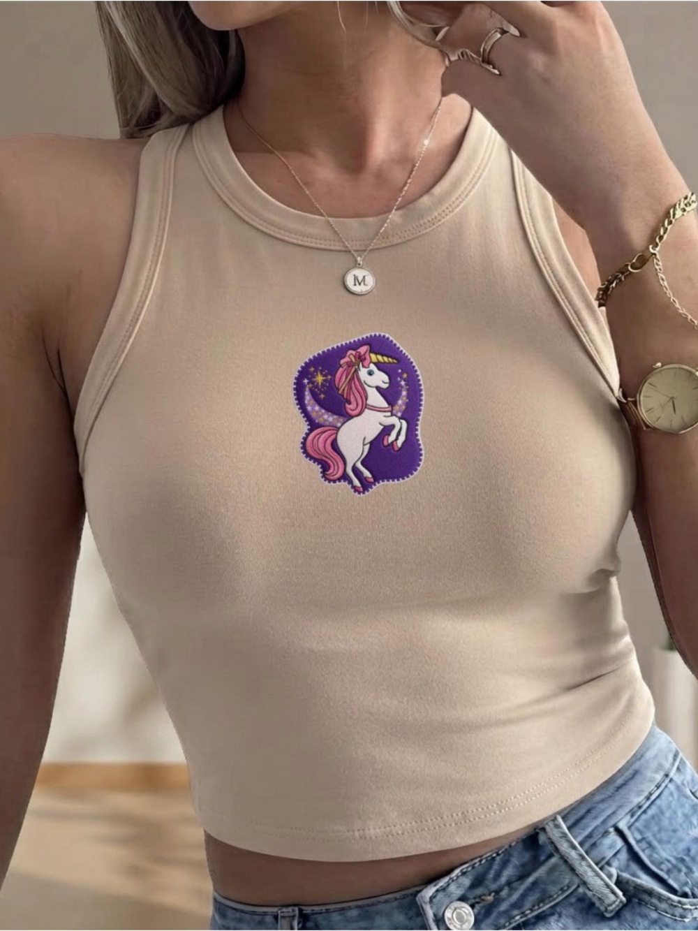 Sand Lizzie McGuire Unicorn Patch Crop Tank Top - Women's Cute Casual